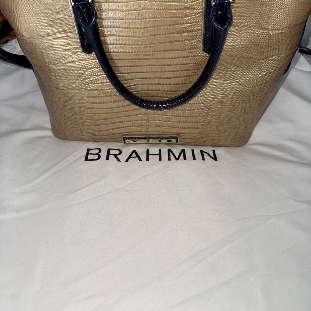 Brahmin Gold and Navy Tote Bag with Tassel - Picture 6 of 6